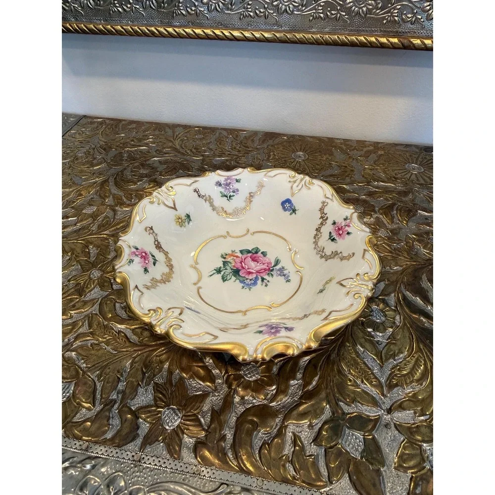 Vintage German Porcelain Trinket Dish, JLMenau Floral Gilt‎ Vanity Bowl